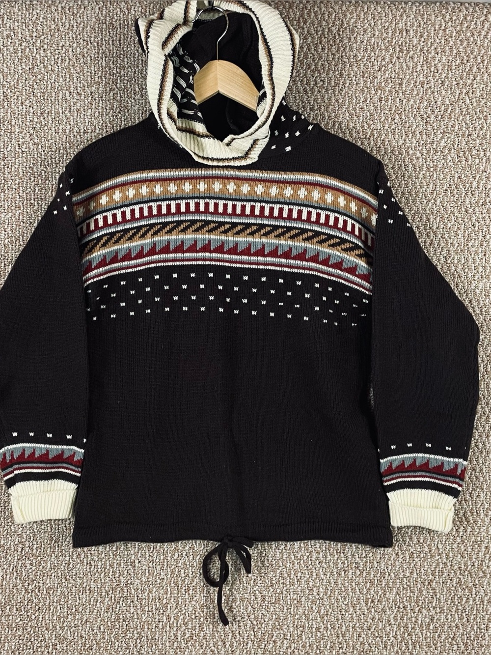 VTG 70s Knit Hoodie Women’s M Brown Fair Isle Arcylic Granola Girl Gorpcore T299